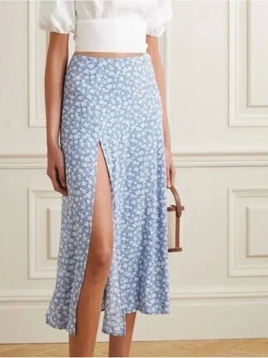 Reformation Dresses & Skirts - Reformation Floral Midi Skirt Blue White High Rise Front Slit Romantic